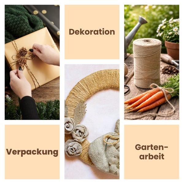 Collage mit den Themen Verpackung, Dekoration und Gartenarbeit