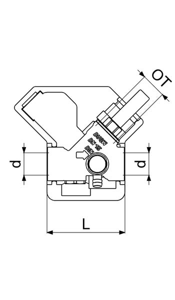 Technische Zeichnung eines Schrägsitzventils mit Trinkwasser-Zertifizierung, Nennweite 15, zeigt die Abmessungen für Länge, Durchmesser und Oberteil.