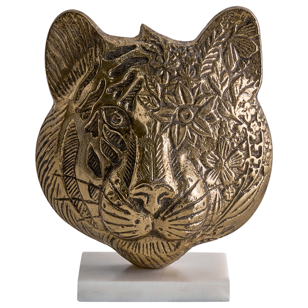 Dekorative Tigerkopf-Skulptur mit Blumenmuster auf Sockel
