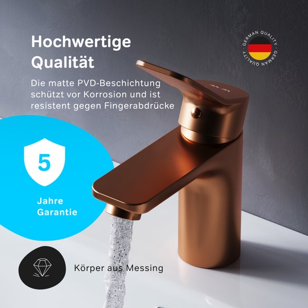 Waschtischarmatur in Metalloptik mit Einhebelmischer und Maßangaben für die Montagehöhe und Ausladung.