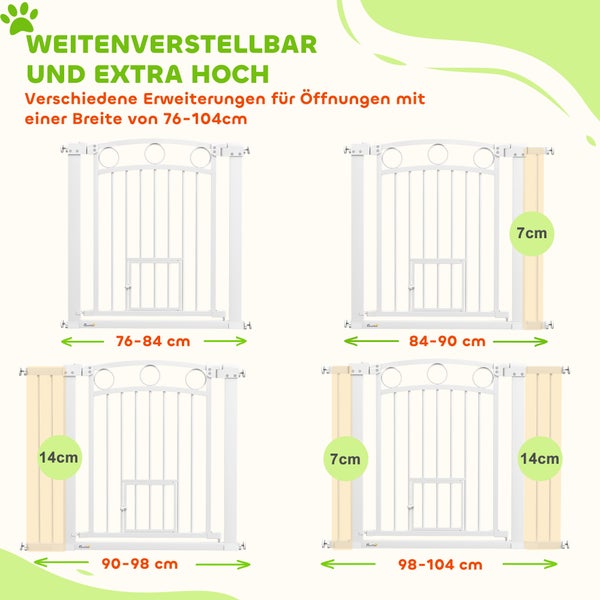 PawHut Türschutzgitter Hund, 76-104 cm Absperrgitter ohne Bohren, Treppengitter aus Stahl, Treppenschutzgitter mit Katzentür, Schutzgitter, Sicherheitsgitter für Treppen, Tür, Flur, Weiß