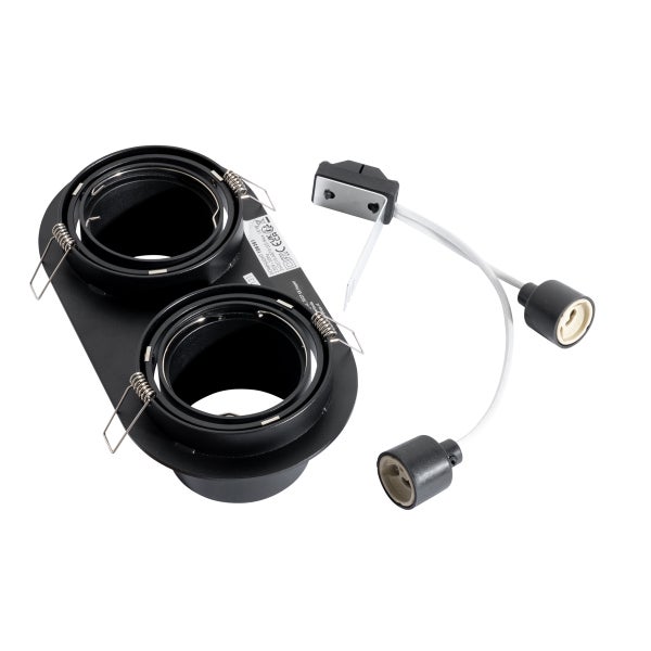 Zweiflammiger Einbaustrahler in Schwarz mit GU10-Fassungen, Montagefedern und Anschlussklemme.