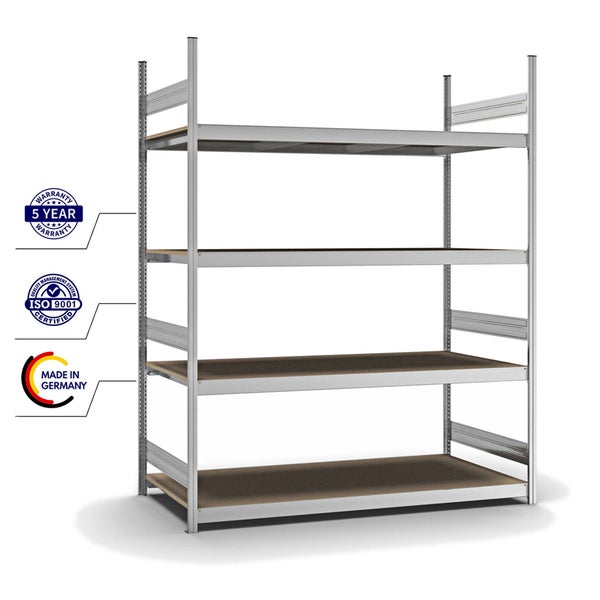 PROREGAL Weitspannregal Stecksystem T-Profil Grundregal HxBxT 250x200x80 cm 4 Ebenen Spanplatten Fachboden Fachlast 350 kg Verzinkt