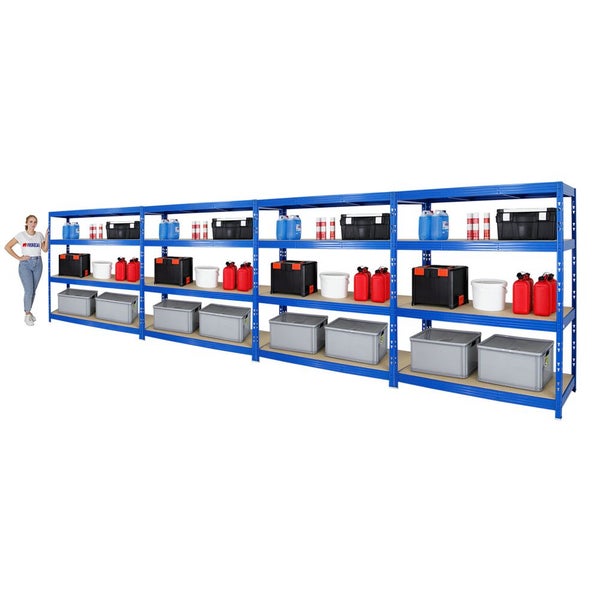 PROREGAL Mega Deal 4x Profi Schwerlastregal Rhino HxBxT 180 x 160 x 60 cm 4 Spanplatten-Ebenen 8mm Fachlast 500 kg Blau