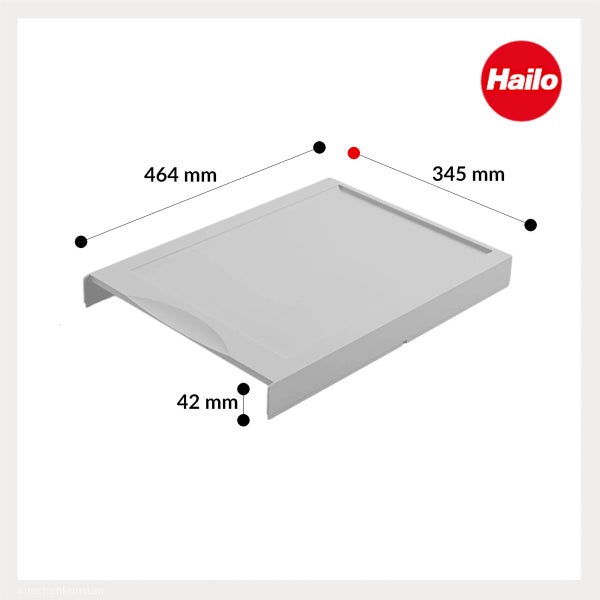 Hailo Systemdeckel mit den Maßen 464 Millimeter mal 345 Millimeter mal 42 Millimeter. Hailo Logo.