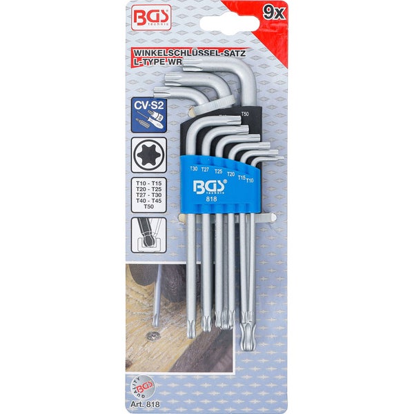 BGS Technic Winkelschlüssel-Satz, 9-teilig, Torx T10 bis T50, L-Form, Chrom-Vanadium-S2-Stahl.