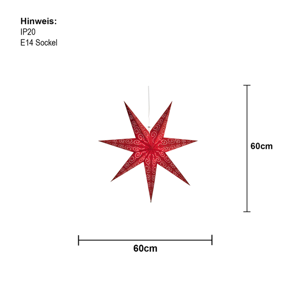 Roter Papierstern mit E14 Fassung und 60 Zentimeter Durchmesser als Dekoration