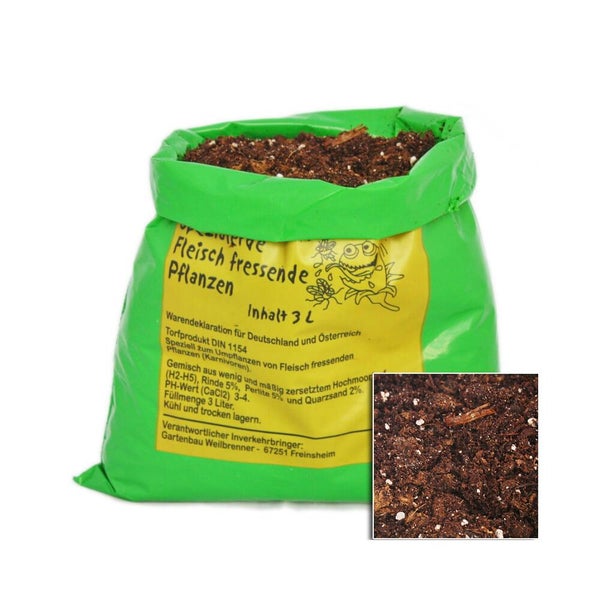Spezialerde für fleischfressende Pflanzen, 3 Liter Beutel, Mischung aus Torf, Rinde, Perlite und Quarzsand.