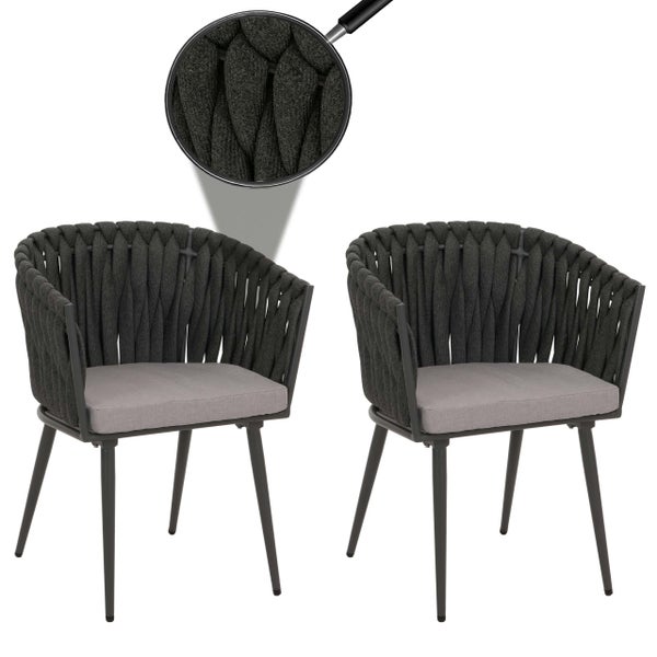 Zwei graue Sessel mit Kordelbespannung und Sitzkissen.