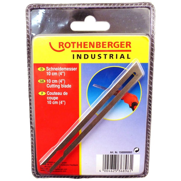 Rothenberger Industrial Schneidemesser aus Metall, 10 Zentimeter lang, in Blisterverpackung mit Rothenberger Industrial Logo.