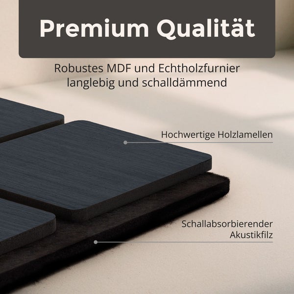 Hochwertiges Akustikpaneel mit Holzlamellen aus mitteldichter Holzfaserplatte und Echtholzfurnier auf schallabsorbierendem Akustikfilz.
