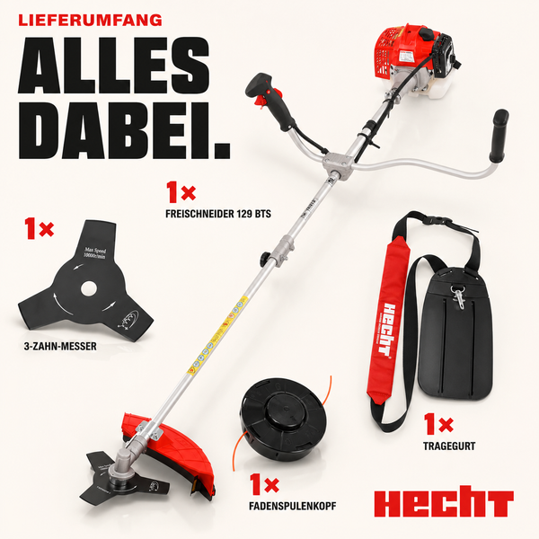 Lieferumfang Hecht Benzin-Freischneider 129 BTS inklusive 3-Zahn-Messer, Fadenspulenkopf, Tragegurt und Hecht Logo.