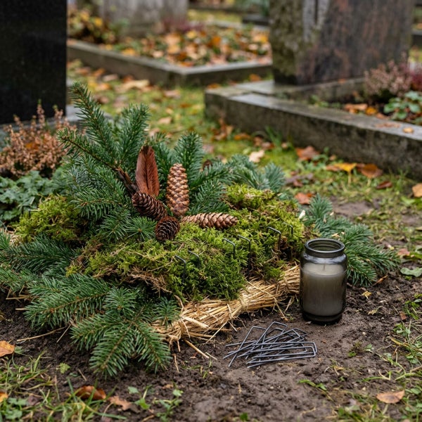 Grabgesteck aus Tannenzweigen, Moos und Zapfen auf einer Strohunterlage mit Grabkerze und Erdspießen auf einem Friedhof.