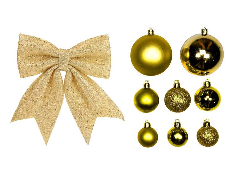 Weihnachtsbaumschmuck Set mit einer großen Deko Schleife und mehreren unterschiedlich großen Weihnachtskugeln in verschiedenen Oberflächen