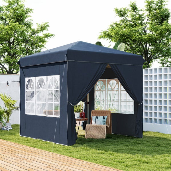 Outsunny Pavillon 2,5x2,5m, wasserabweisend Stabil Winterfest Pop-up Faltpavillon, UV Schutz 50+, Faltbar Partyzelt Gartenzelt mit 4 Seitenteilen Tasche Gartenpavillon für Camping Garten, Dunkelblau