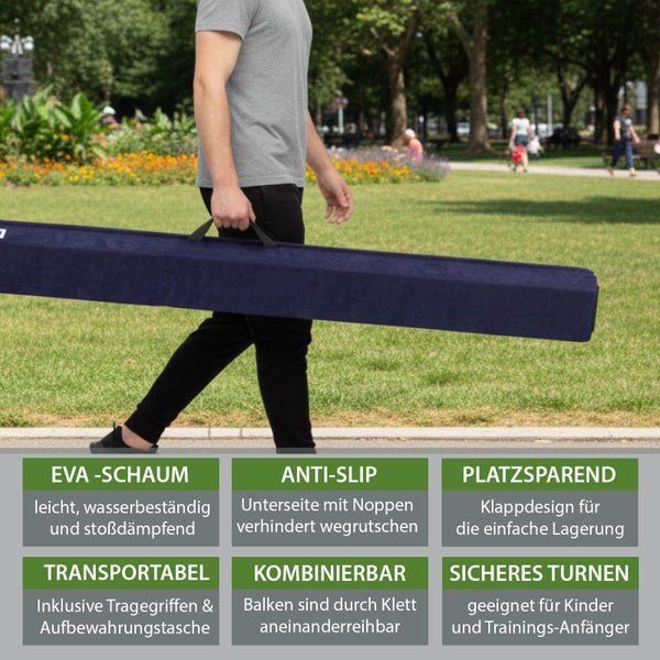 Klappbarer Schwebebalken aus EVA-Schaum wird in einem Park getragen; Infografik zu Antirutsch-Boden, Klappdesign, Tragegriffen und Klettverbindung.