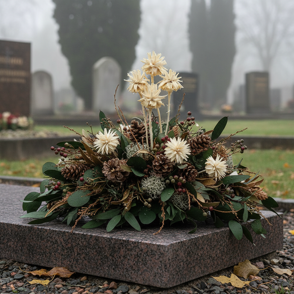 Grabgesteck aus Naturmaterialien wie braunen Zapfen, hellen Trockenblumen und grünen Zweigen auf einer grauen Grabplatte.