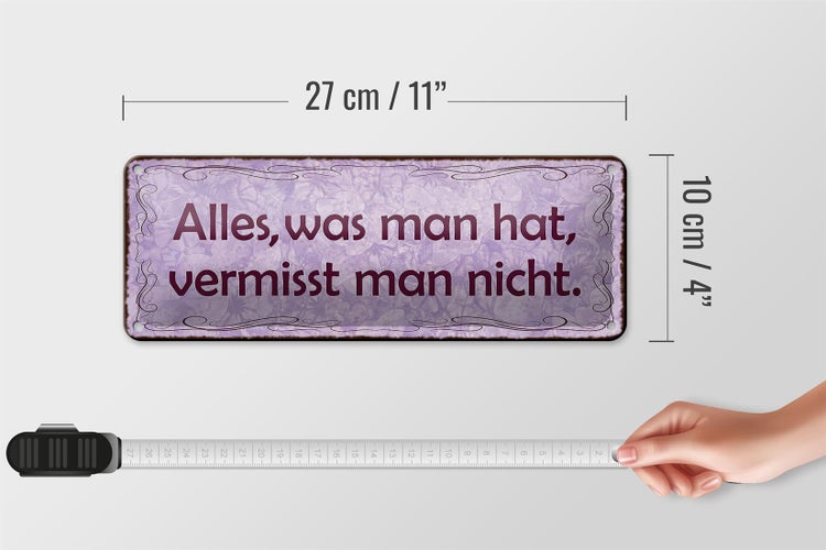 Blechschild Spruch 27x10cm alles was man hat vermisst nicht Dekoration