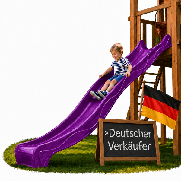 Ein Kind rutscht auf einer Spielplatzrutsche an einem hölzernen Spielturm mit einer deutschen Flagge und einer Tafel mit Aufschrift.