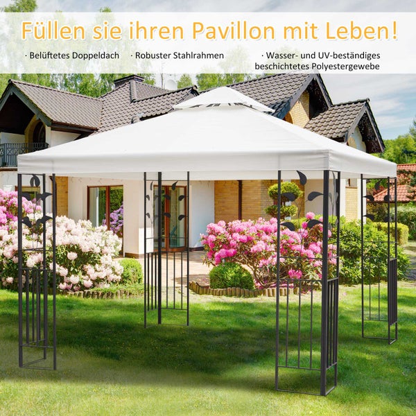 Outsunny Gartenpavillon, mit Blatt-Design Pavillon, 295L x 295B x 270H cm, Polyester, Cremeweiß