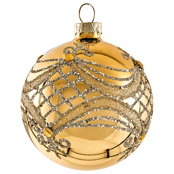 Goldene Weihnachtskugel aus Glas mit Glitzer-Verzierungen und Schmucksteinen.