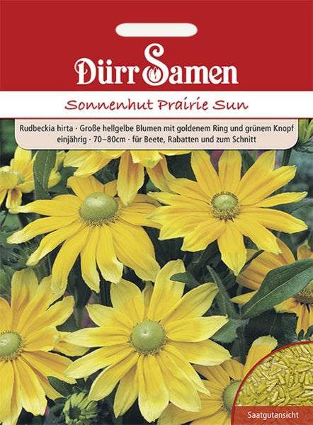 Samentüte Sonnenhut Prairie Sun von Dürr Samen, Rudbeckia hirta, gelbe Blüten mit grüner Mitte, inklusive Dürr Samen Logo.