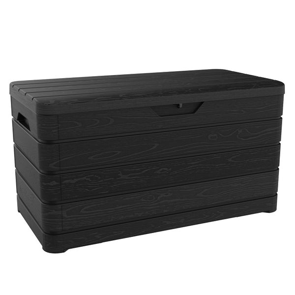 Schwarze Gartenbox aus Kunststoff mit Holzstruktur