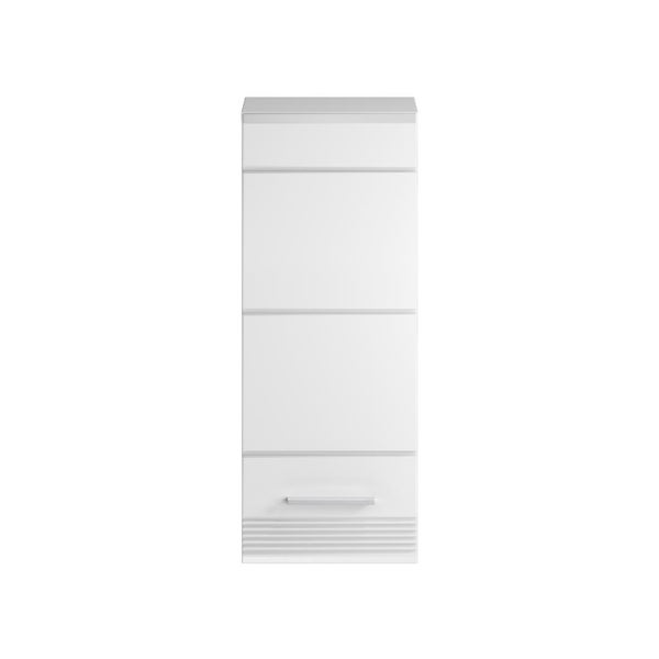 Weißer Badezimmer-Hochschrank mit einer Schublade und einem Griff.