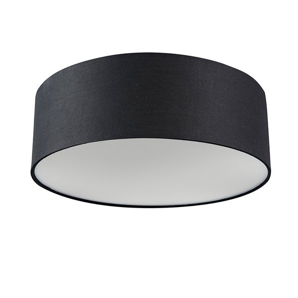 Runde Deckenleuchte mit schwarzem Textilschirm und weißem Diffusor.