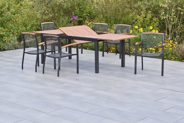 Tilos Gartenmöbelset 7tlg., Stapelsessel, Ausziehtisch 180 (250) x 100 cm