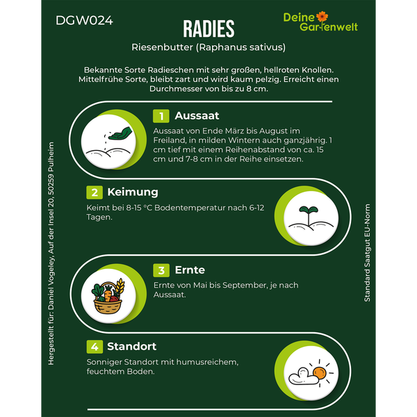 Infografik für Radieschen Riesenbutter Samen von Deine Gartenwelt mit Tipps zu Aussaat, Keimung, Ernte und Standort.