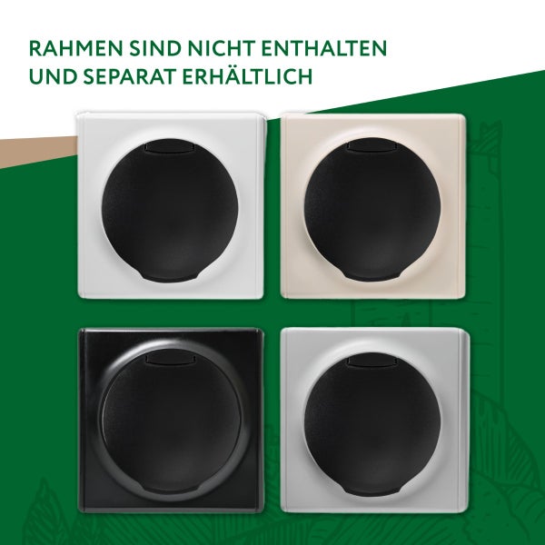 Vier Steckdoseneinsätze mit Klappdeckel ohne Rahmen in verschiedenen Ausführungen als Teil eines Schalterprogramms.