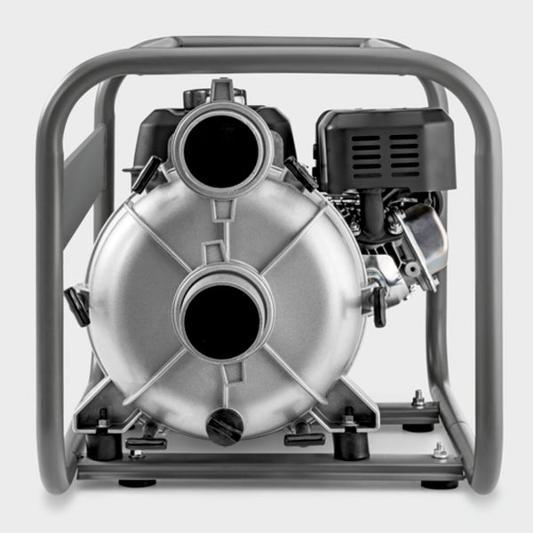 Benzin-Schmutzwasserpumpe mit Metallrahmen und Frontansicht der Saug- und Druckanschlüsse.