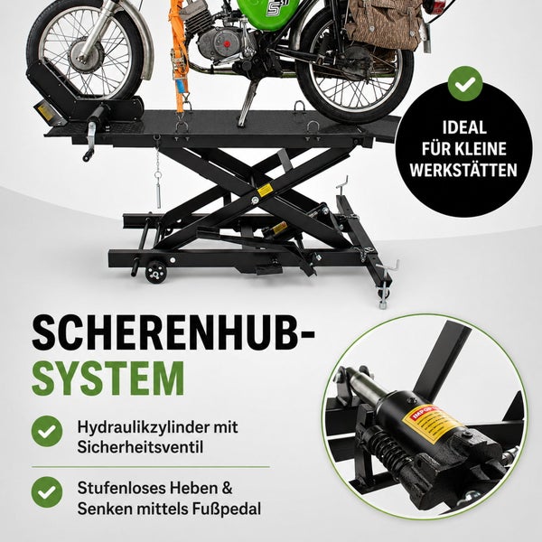 Hydraulische Scherenhebebühne für Motorräder mit Sicherheitsventil und Fußpedal-Bedienung, ideal für kleine Werkstätten.