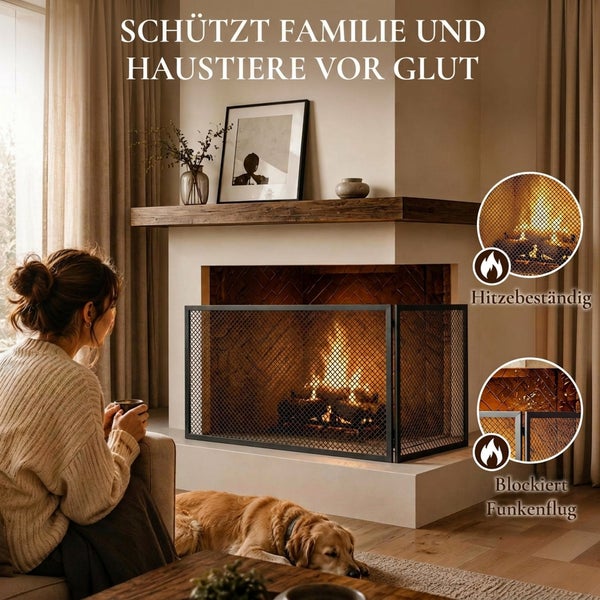 Funkenfanggitter vor einem Kamin in einem gemütlichen Wohnzimmer mit Frau und Hund, das Material ist hitzebeständig und schützt vor Funkenflug.