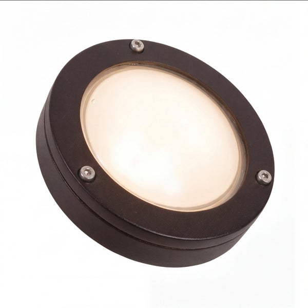 Runde LED-Außenleuchte für Wand und Decke in dunkler Optik mit matter Glasabdeckung.