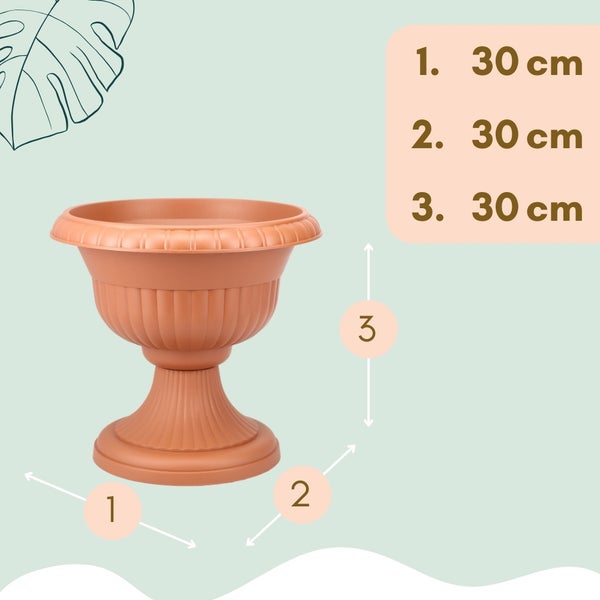 Blumenkübel auf Fuß mit Maßangaben: 30 Zentimeter Höhe, 30 Zentimeter Durchmesser