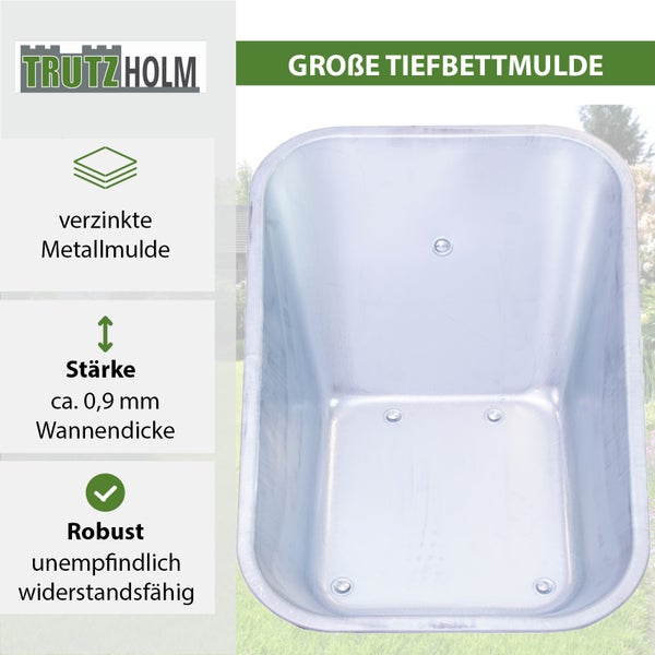 Trutzholm Tiefbettmulde für Schubkarre aus verzinktem Metall mit einer Wandstärke von circa 0,9 Millimeter