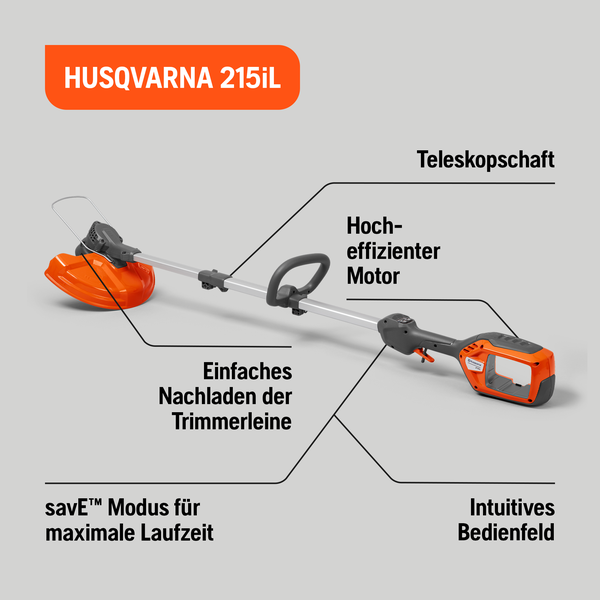 Husqvarna 215iL Akku-Rasentrimmer mit Teleskopschaft, effizientem Motor, einfachem Leinen-Nachladen, savE Modus und intuitivem Bedienfeld.