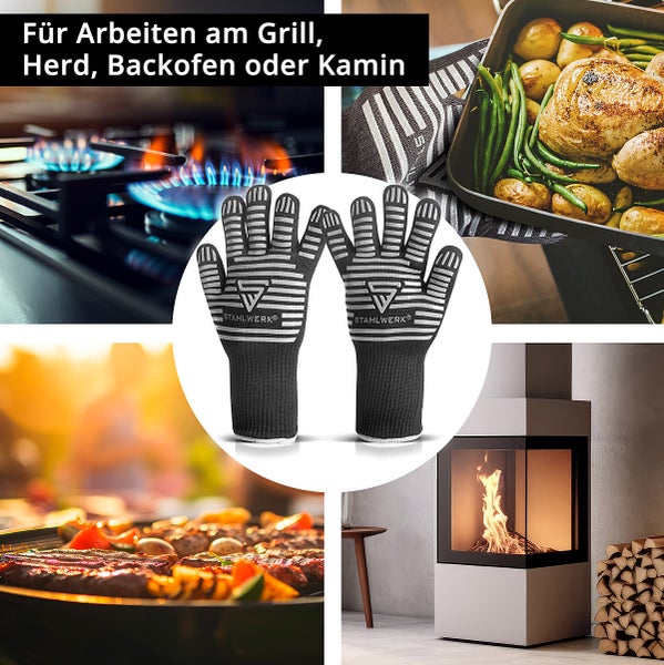Hitzebeständige Grillhandschuhe von Stahlwerk für die Nutzung an Grill, Herd, Backofen und Kamin.