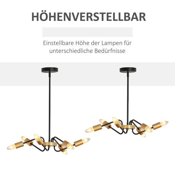 HOMCOM Hängelampe, 6-flammig, höhenverstellbar, mit E27 Lampenfassung, Ø48 x 120 cm, Metall, Schwarz+Gold