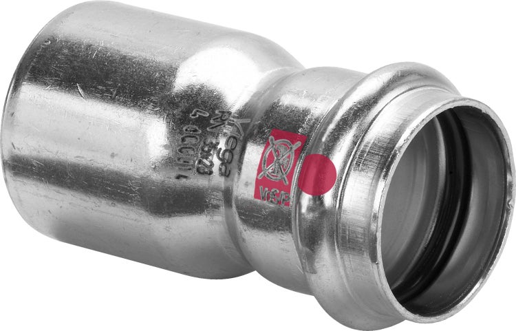Viega Reduzierstück aus Metall für Pressverbindungen mit SC-Contur Sicherheitssymbol.