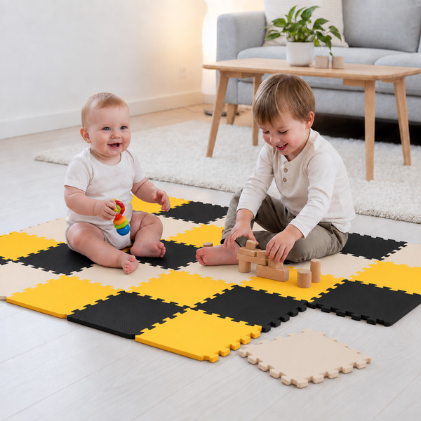 Zwei Kinder spielen auf einer Steckmatte mit quadratischen Elementen in Schachbrettoptik in einem Wohnzimmer.