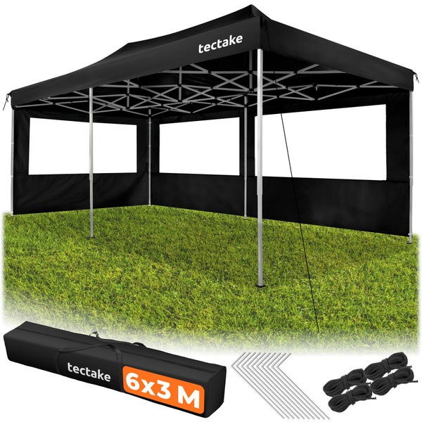 Faltpavillon tectake 6 mal 3 Meter mit drei Seitenwänden und Sichtfenstern, inklusive Tragetasche, Erdnägeln und Spannseilen.
