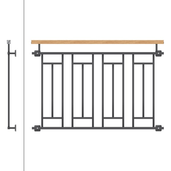 ECD Germany Französischer Balkon 90x128 cm mit 4 Füllelementen, Anthrazit matt, Holzoptik, verzinkter Stahl, Balkongeländer Stabgeländer Balkonbrüstung Balkongitter Fenstergeländer Außen Fenstergitter