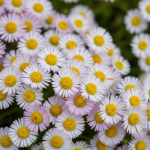 Spanisches Gänseblümchen Erigeron karvinskianus mit zahlreichen kleinen weiß-rosa Blüten und gelber Mitte.