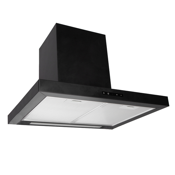 Schwarze Wand-Dunstabzugshaube mit Metallfettfiltern und Bedienfeld.