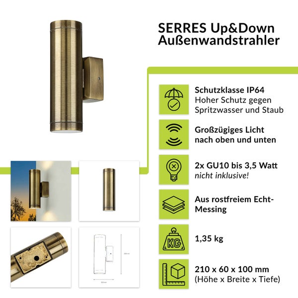 SERRES Up&Down Außenwandstrahler aus Messing mit Schutzklasse IP64