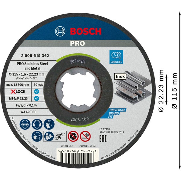 Bosch PRO Stainless Steel and Metal X-Lock Trennscheibe 115 x 1,6 x 22,23 mm - 2608619362