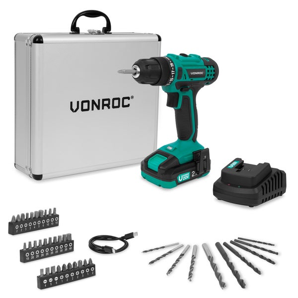 Vonroc Akku-Bohrschrauber Set 20 Volt inklusive Akku, Ladegerät, Alukoffer, Bohrern und Bits.